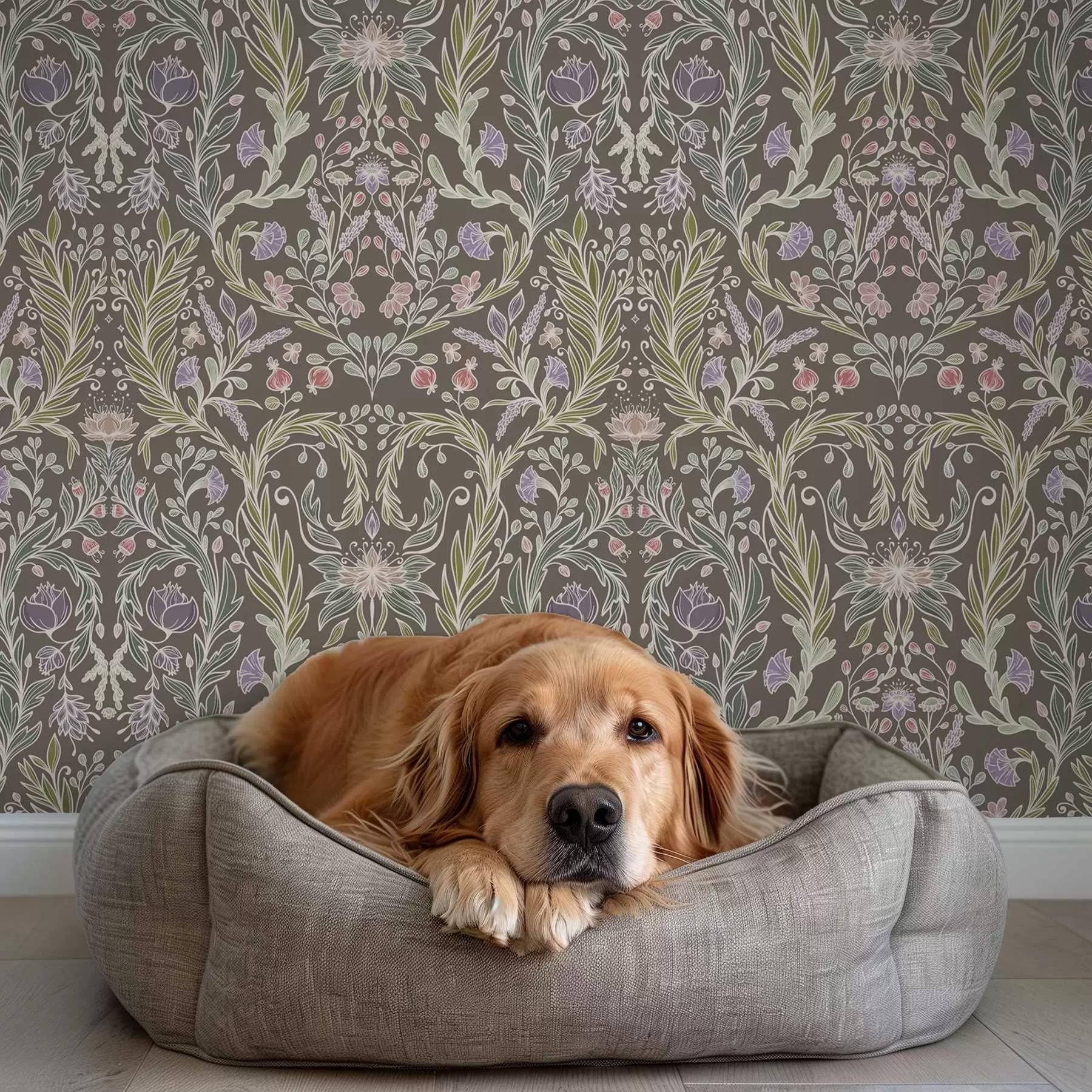 fototapeter Symmetriske blomster og blade på en brunlig-grå baggrund a00928v2