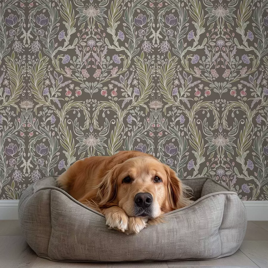 fototapeter Symmetriske blomster og blade på en brunlig-grå baggrund a00928v2