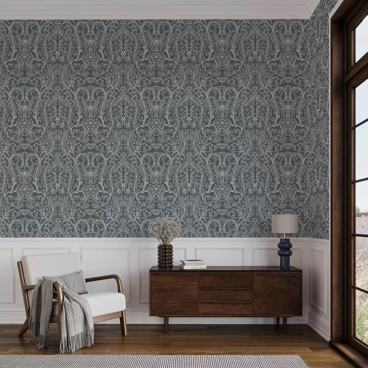 Baggrund Lineært blomsterornament på en blågrå baggrund a00929v1