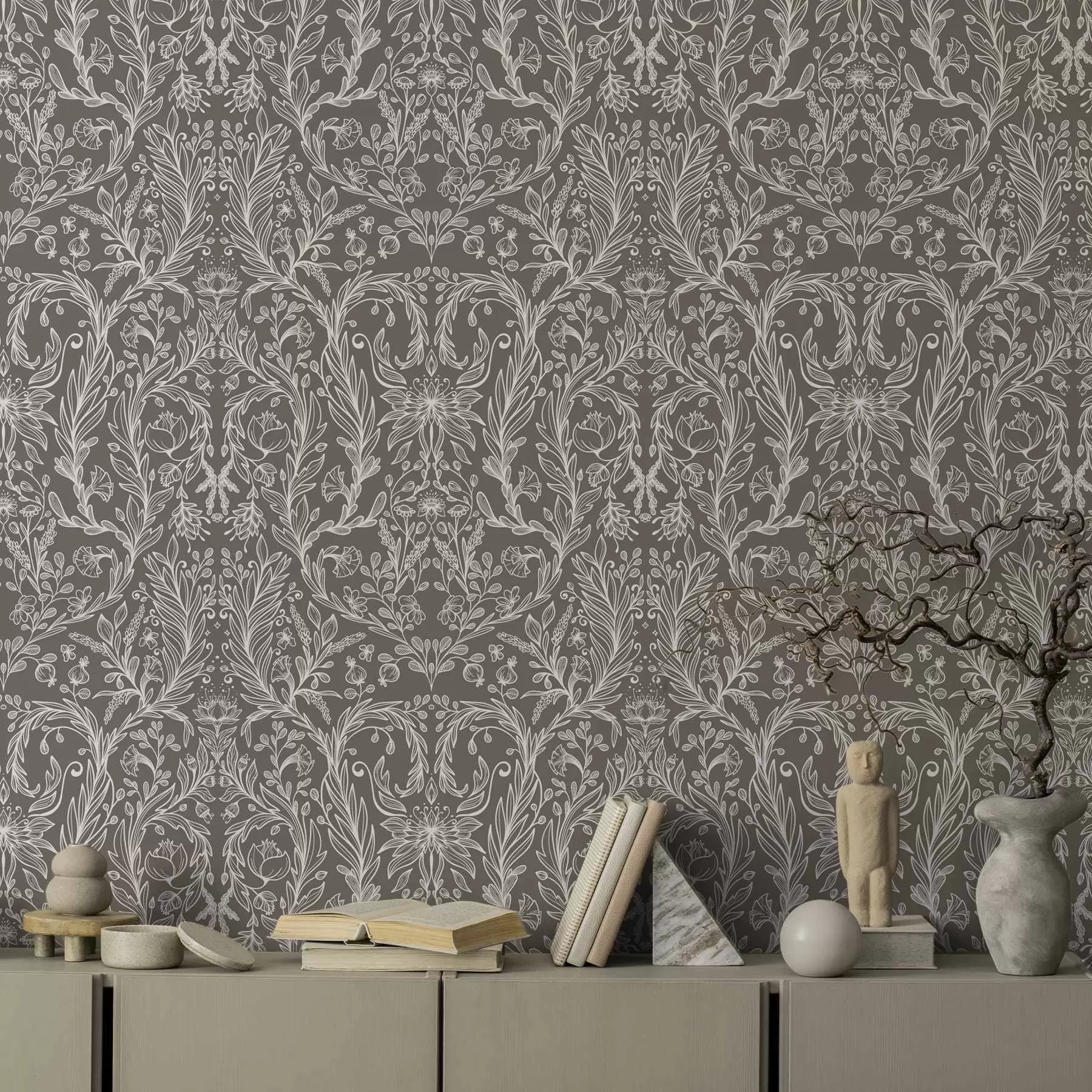 Murale Motif botanique monochrome sur fond brun chaud a00929v2