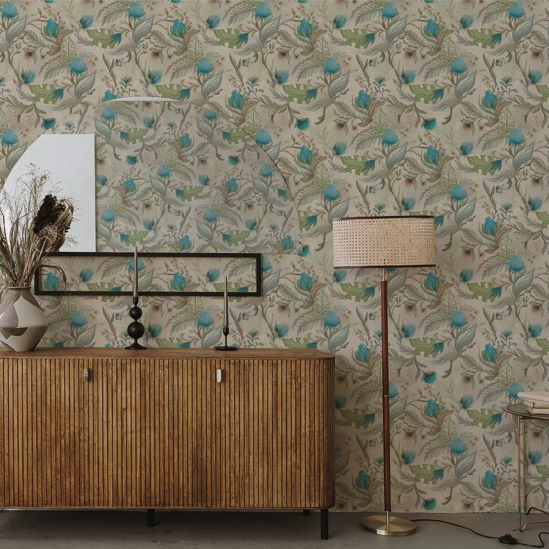 fototapeter Blå knopper og blade på en lys beige baggrund a00930