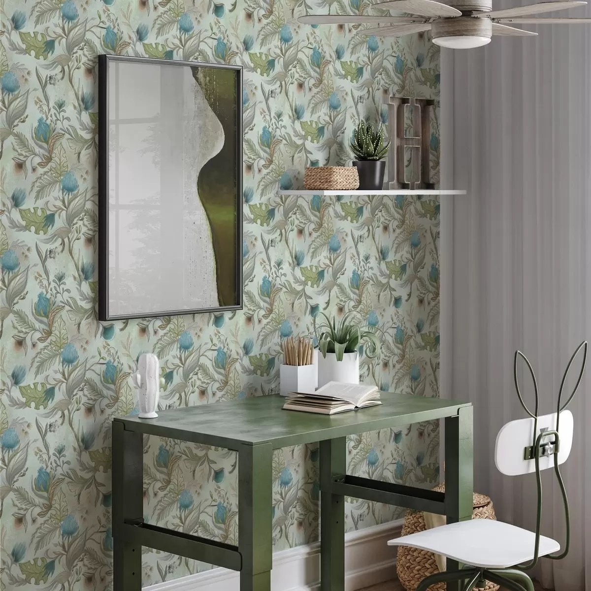 Baggrund Blå blomster og grønt på en blød mintfarvet baggrund a00930v1