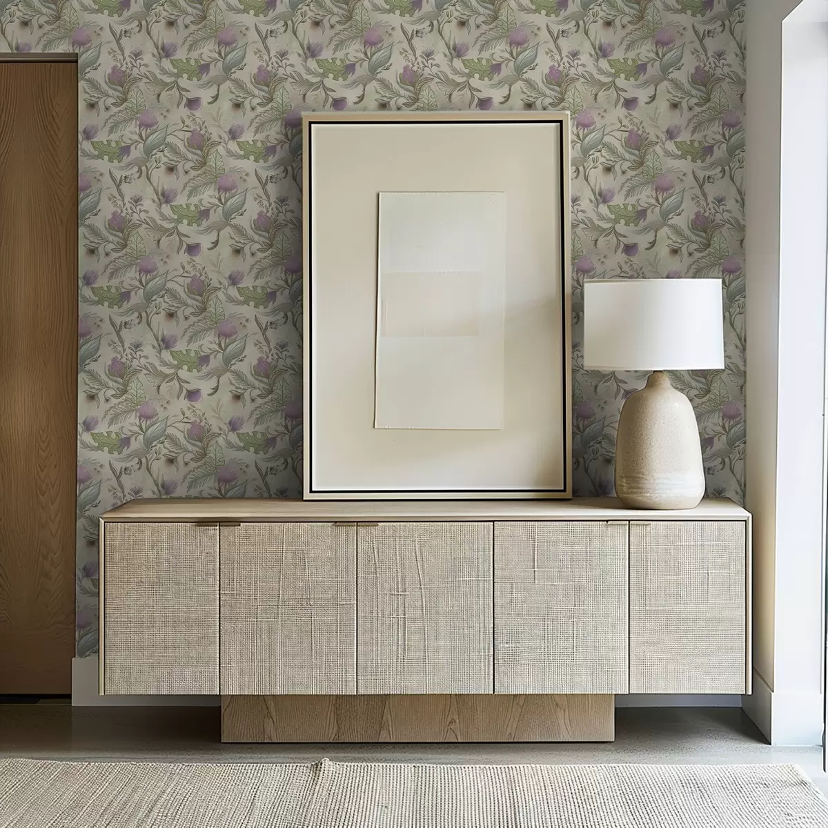 Tapete Fliederknospen und zartes Grün auf cremefarbenem Hintergrund a00930v2