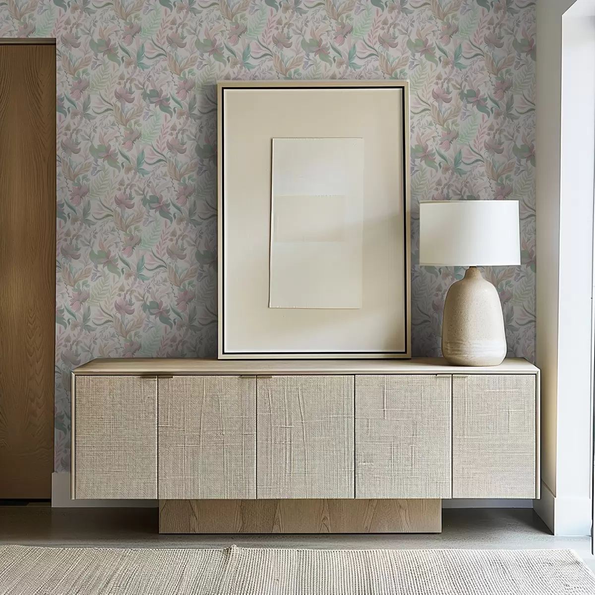 Tapete Zarte pastellfarbene Blumen und Blätter auf hellem Hintergrund a00931