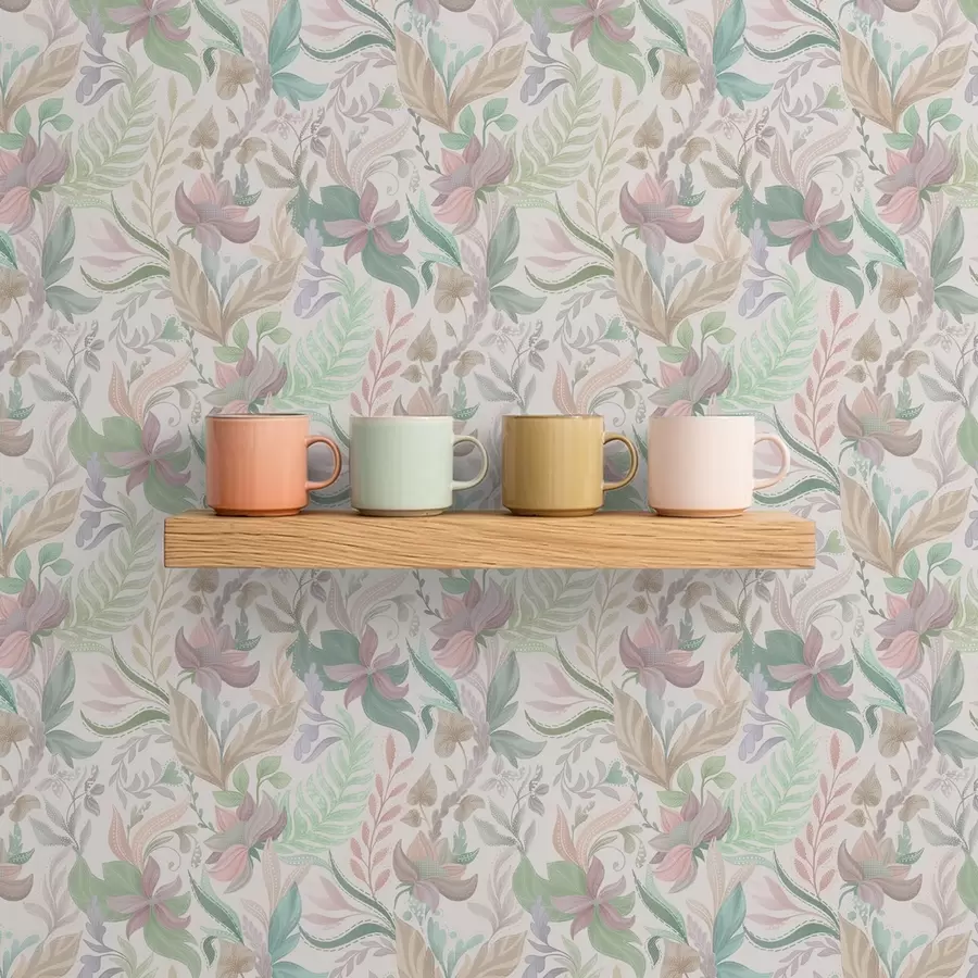 fototapeter Delikate pastelfarvede blomster og blade på en lys baggrund a00931