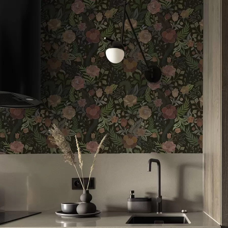 fototapeter Rige blomster og grønne planter på en dyb mørk baggrund a00932