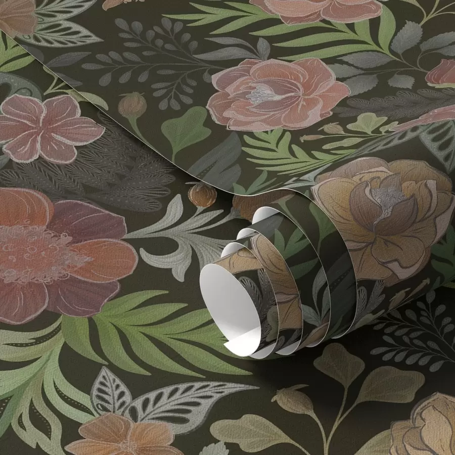 fototapeter Rige blomster og grønne planter på en dyb mørk baggrund a00932