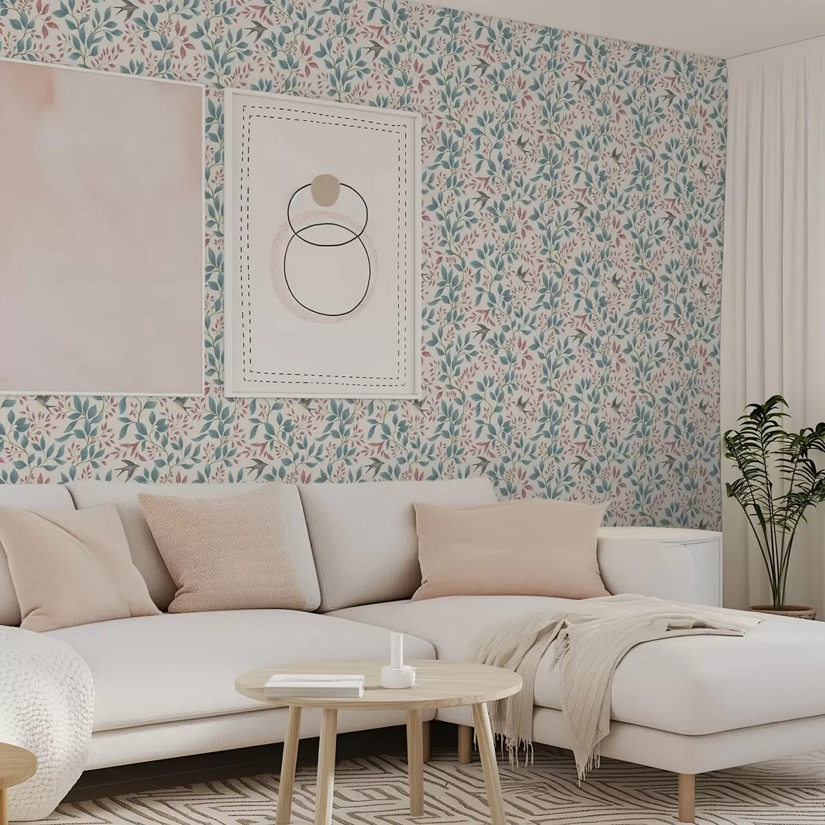 Baggrund Blå og lyserøde grene med fugle på en cremefarvet baggrund a00933