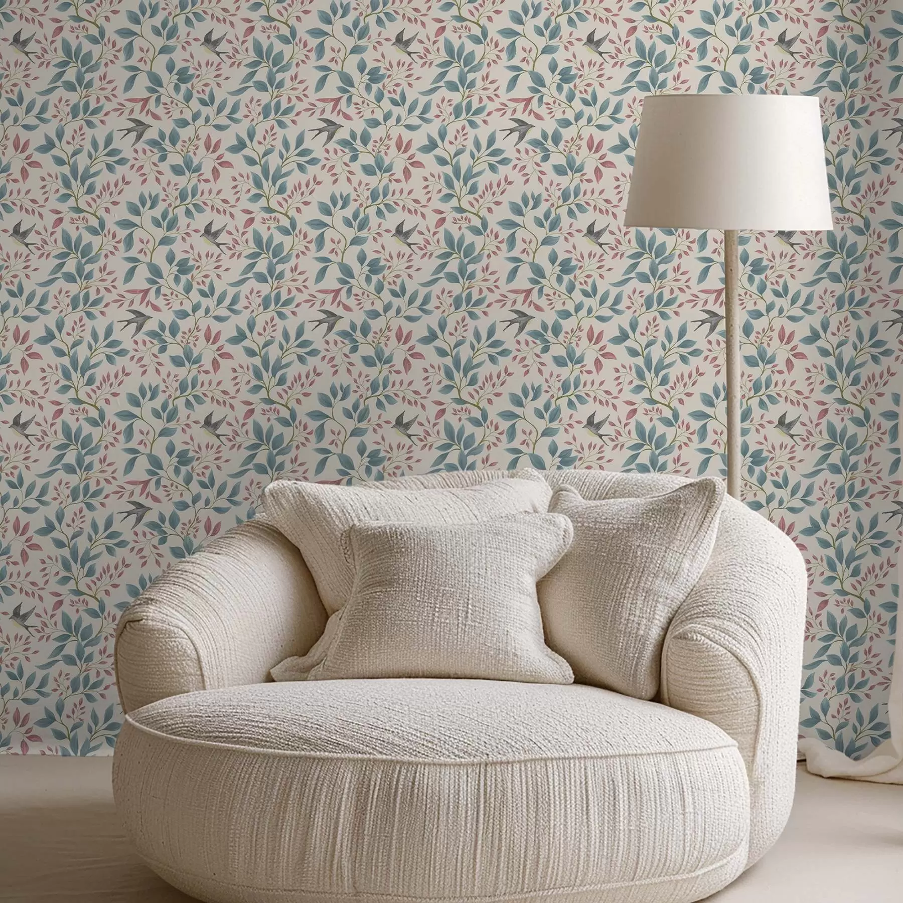 fototapeter Blå og lyserøde grene med fugle på en cremefarvet baggrund a00933