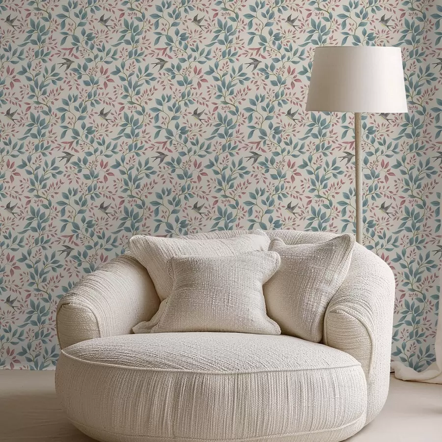 fototapeter Blå og lyserøde grene med fugle på en cremefarvet baggrund a00933