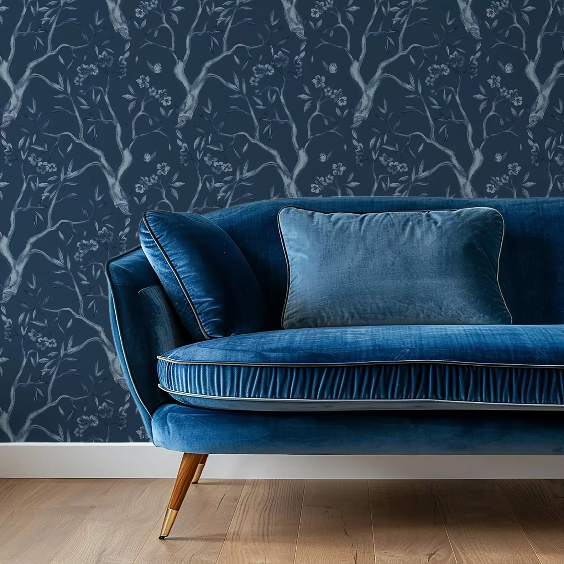 Murale Branches fleuries bleues avec des papillons sur fond sombre a00951v1