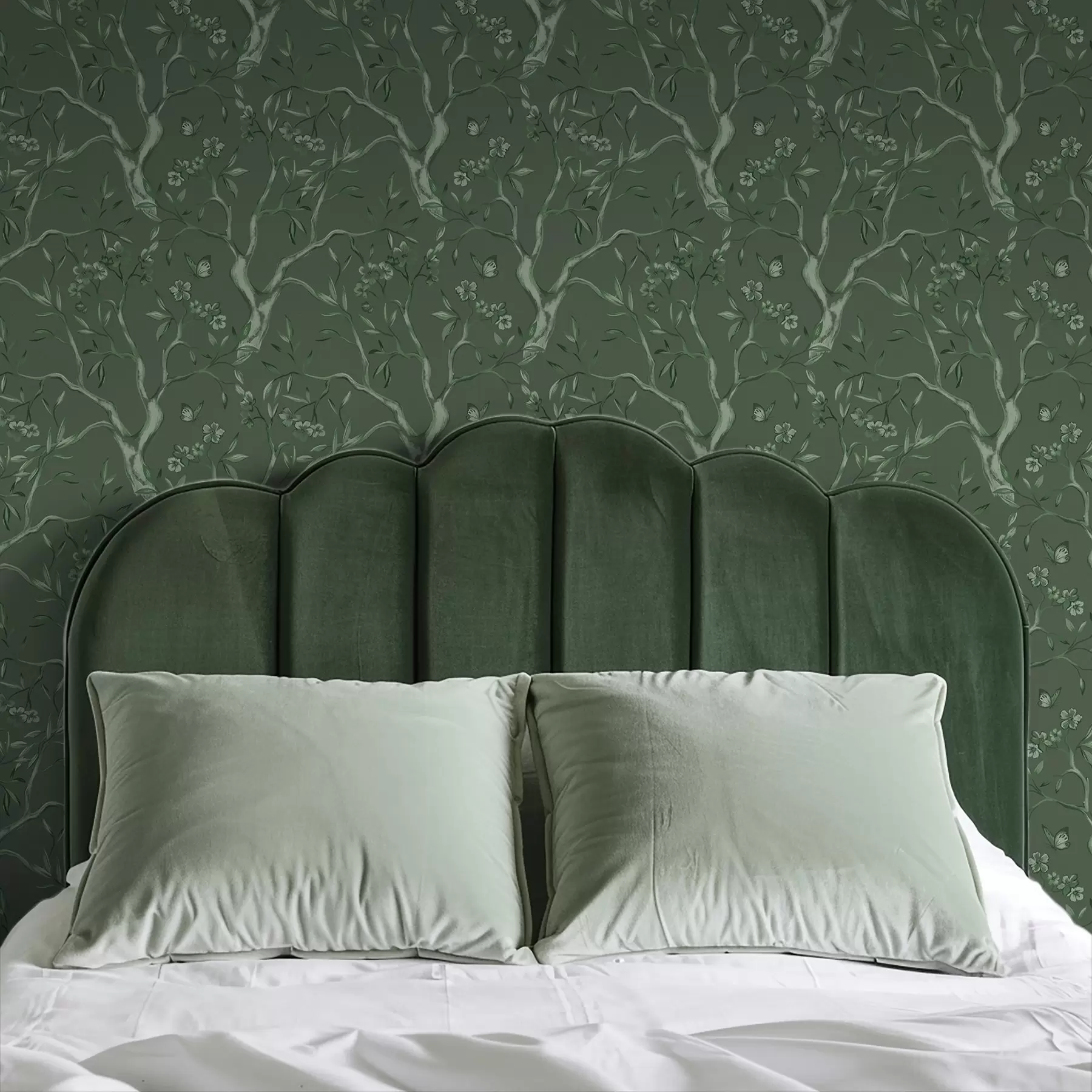 fototapeter Grønne blomstrende grene med sommerfugle på en mørk baggrund a00951v3