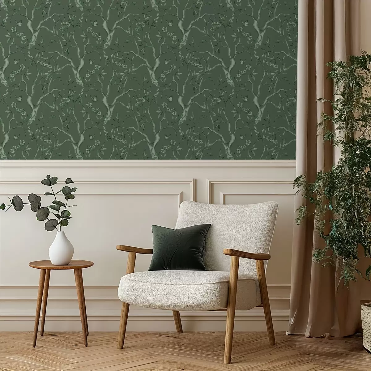 Baggrund Grønne blomstrende grene med sommerfugle på en mørk baggrund a00951v3