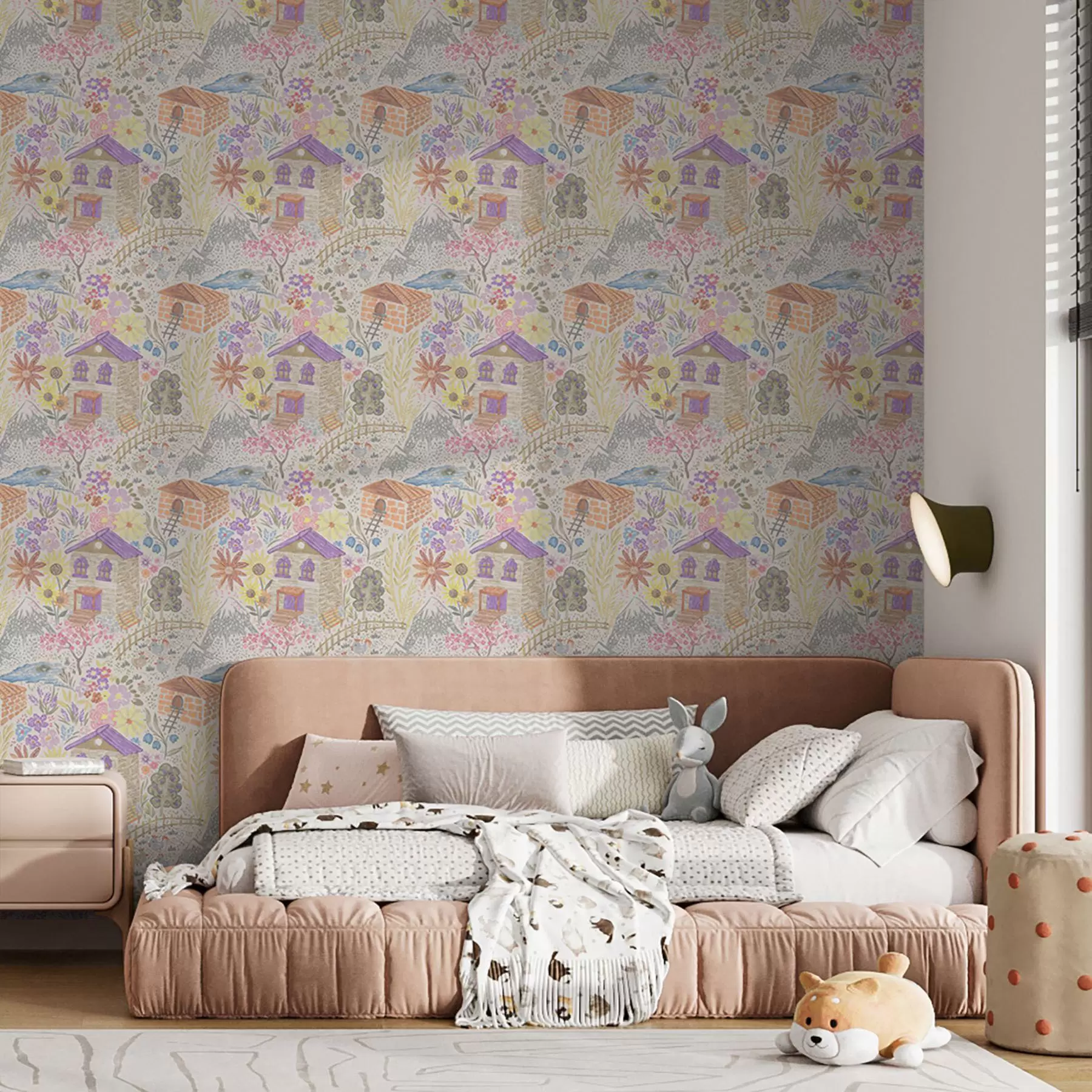 fototapeter Barnlig tegning af en landsby med et hus, bjerge og blomster a00952