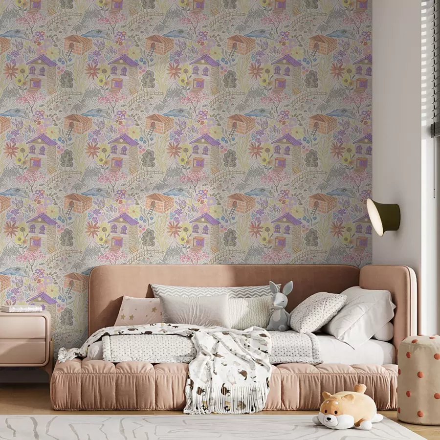 fototapeter Barnlig tegning af en landsby med et hus, bjerge og blomster a00952