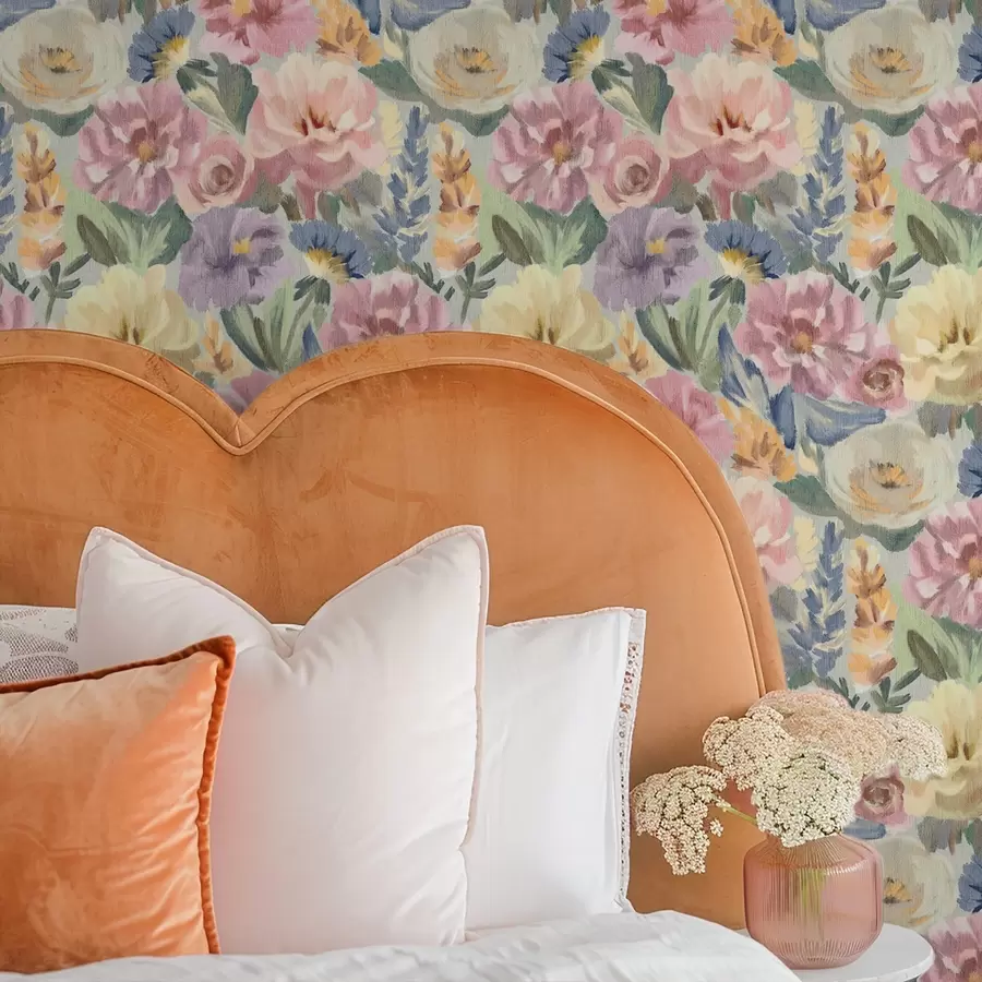 fototapeter Pastelfarvede, slørede penselblomster, blød farvepalet a00954