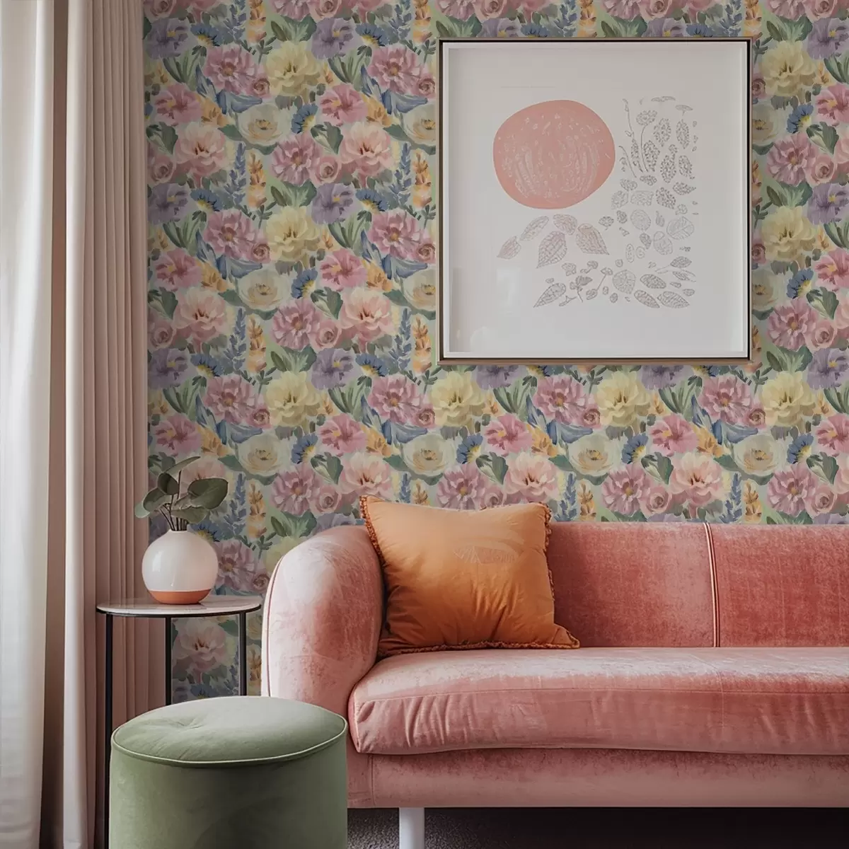 Papier peint Fleurs au pinceau pastel estompé, palette de couleurs douces a00954