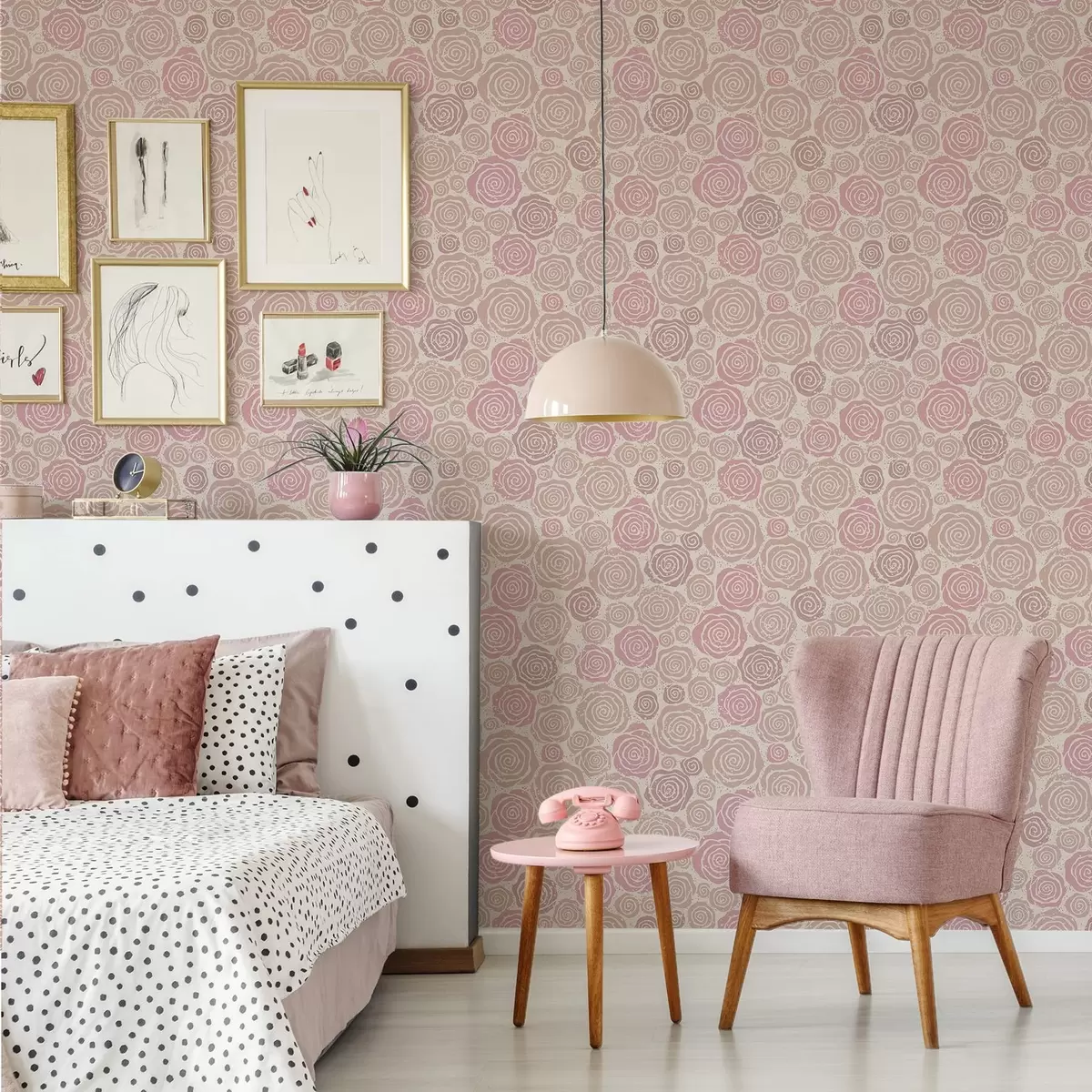 Tapete Spiralförmige rosa Rosen und Spritzer auf hellem Hintergrund a00955