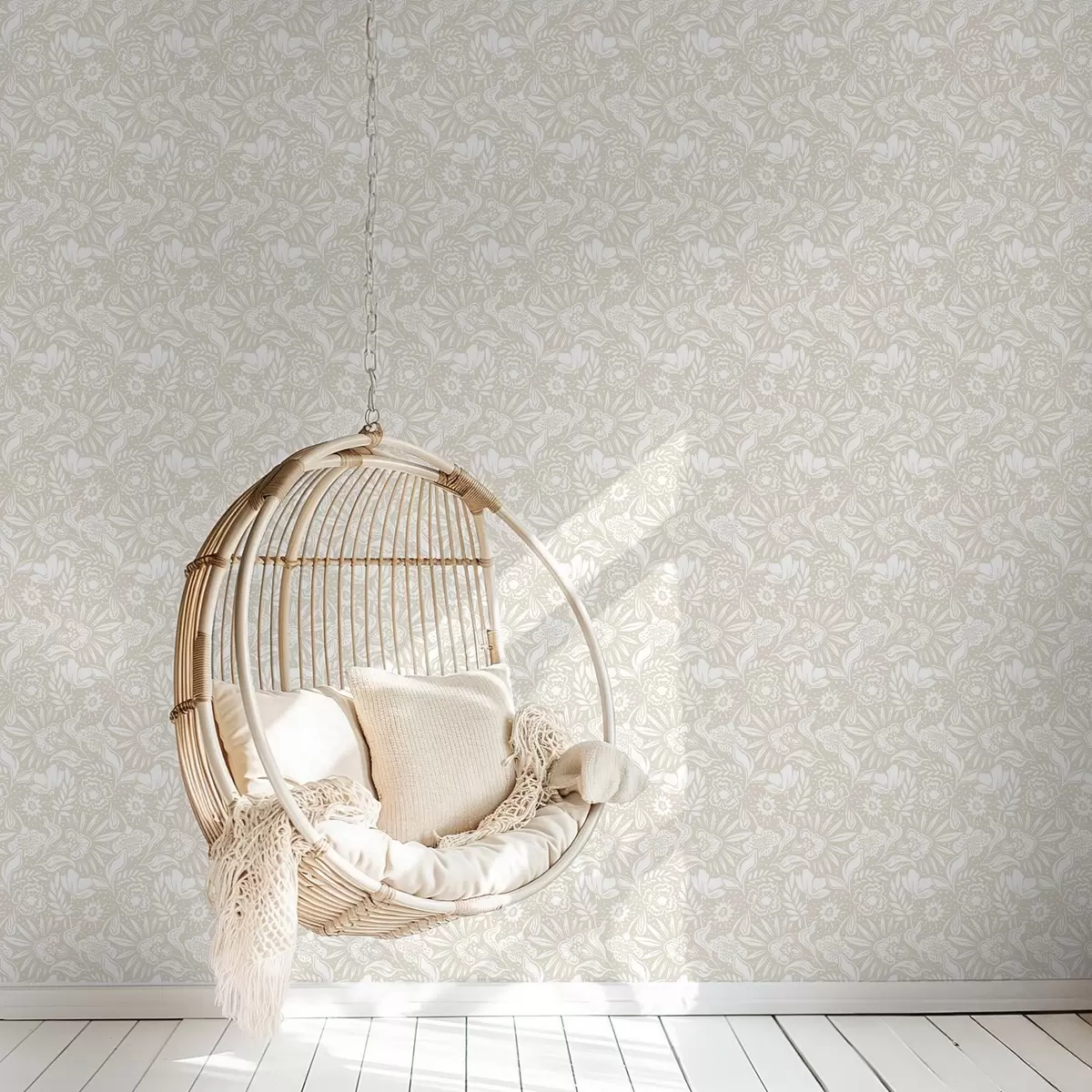 Tapete Weißes lineares Blumenornament auf beigem Hintergrund a00956