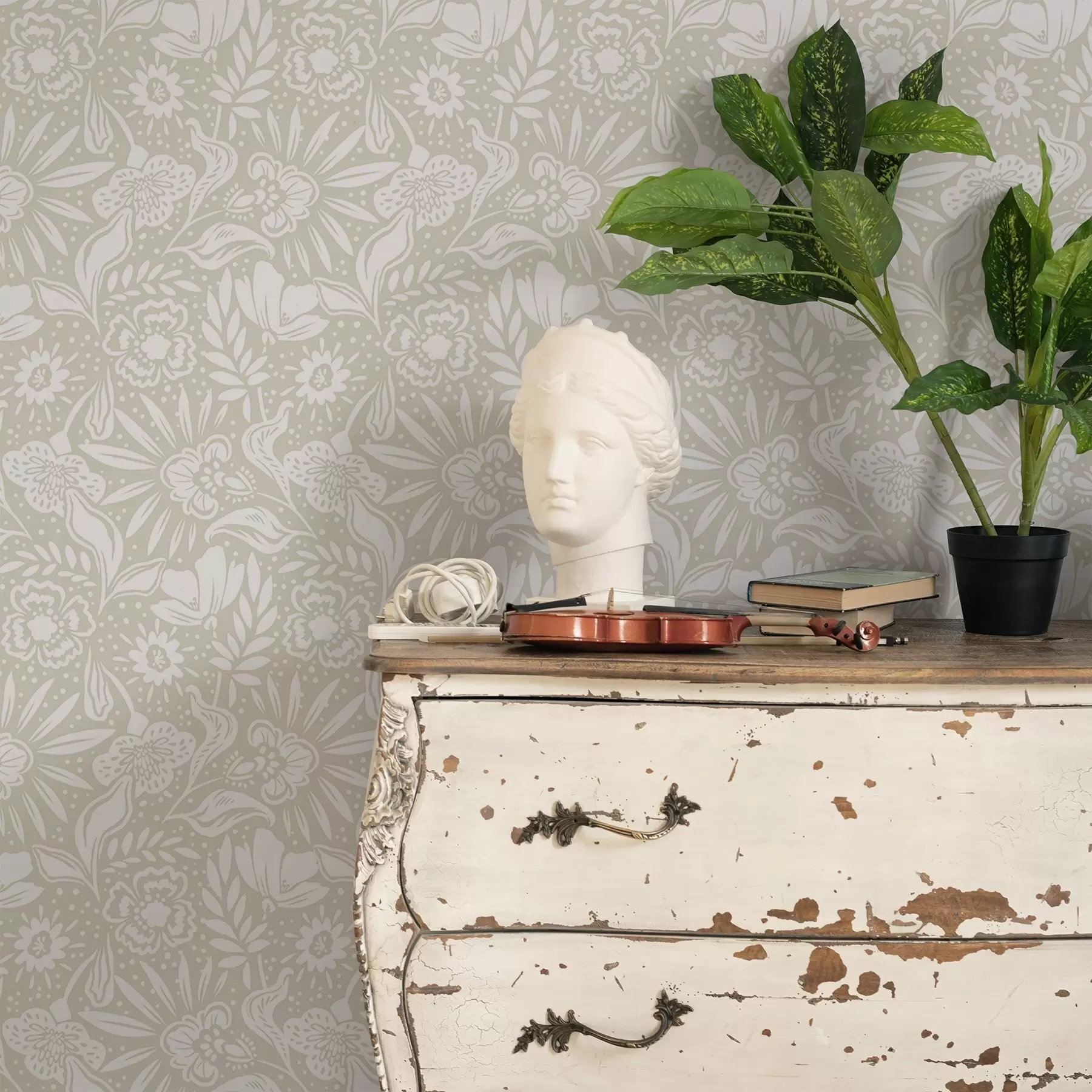 fototapeter Hvidt lineært blomsterornament på beige baggrund a00956