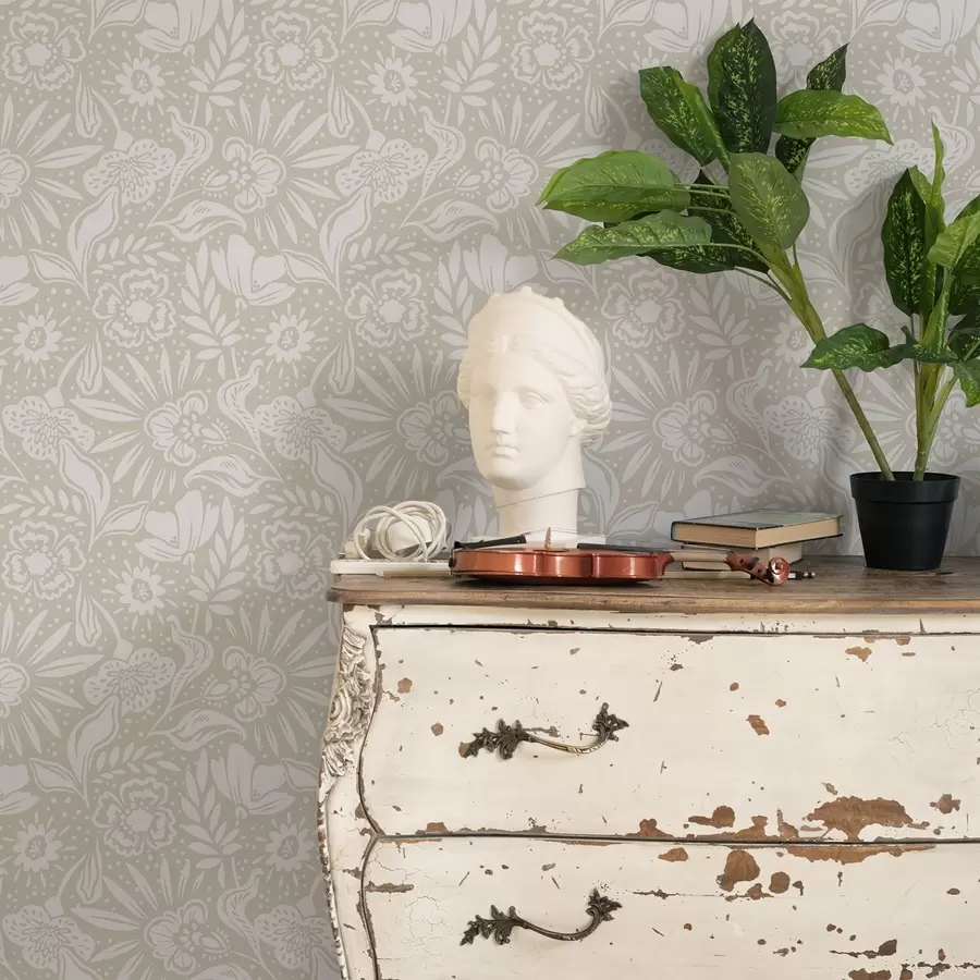 fototapeter Hvidt lineært blomsterornament på beige baggrund a00956