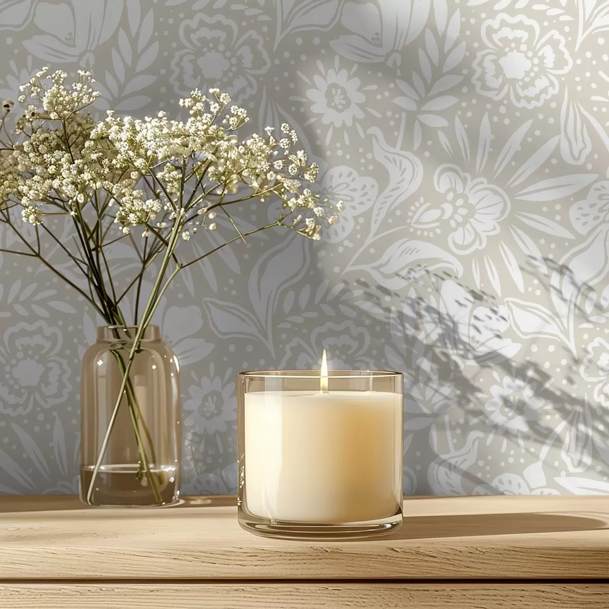 Tapete Weißes lineares Blumenornament auf beigem Hintergrund a00956