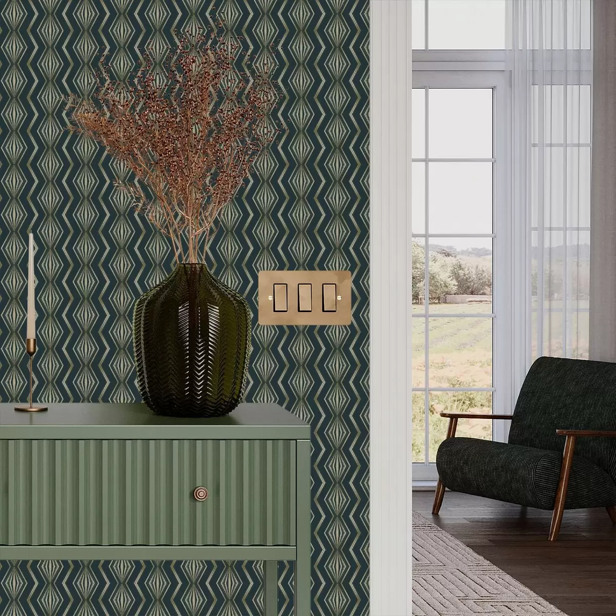 Tapete Dunkles Blaugrün mit geometrischem Rautenmuster a00973v1