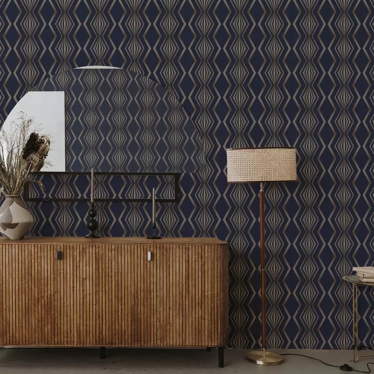 Tapete Dunkelblauer Hintergrund mit geometrischen Rauten und Zickzackmustern a00974v2
