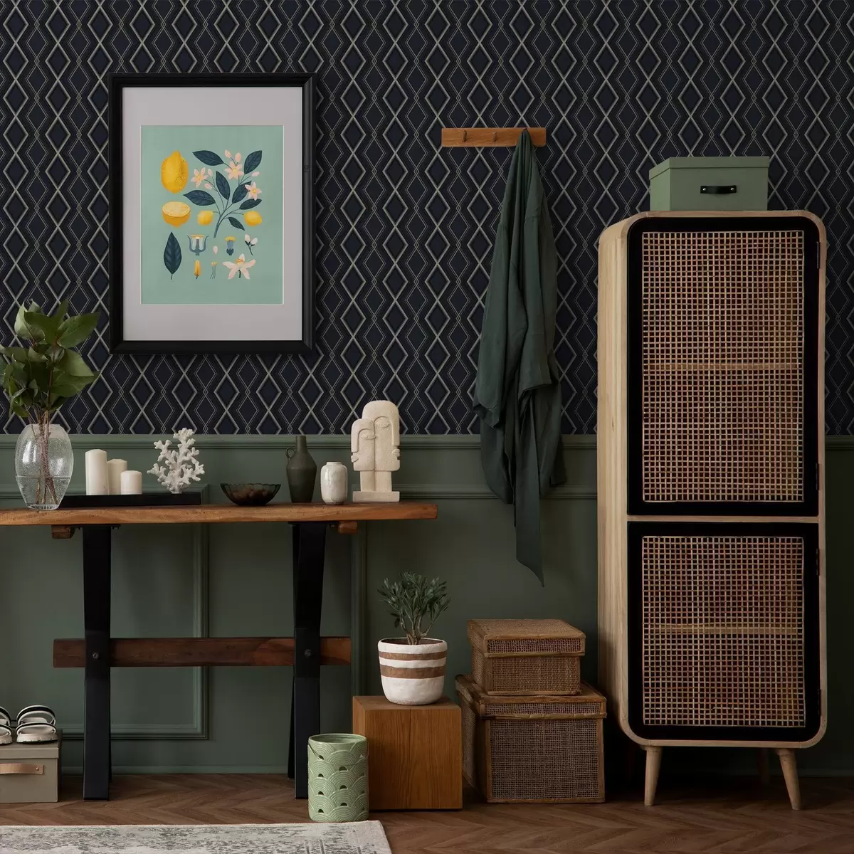 Papier peint Grille en losanges bleu foncé avec de fines lignes claires a00975