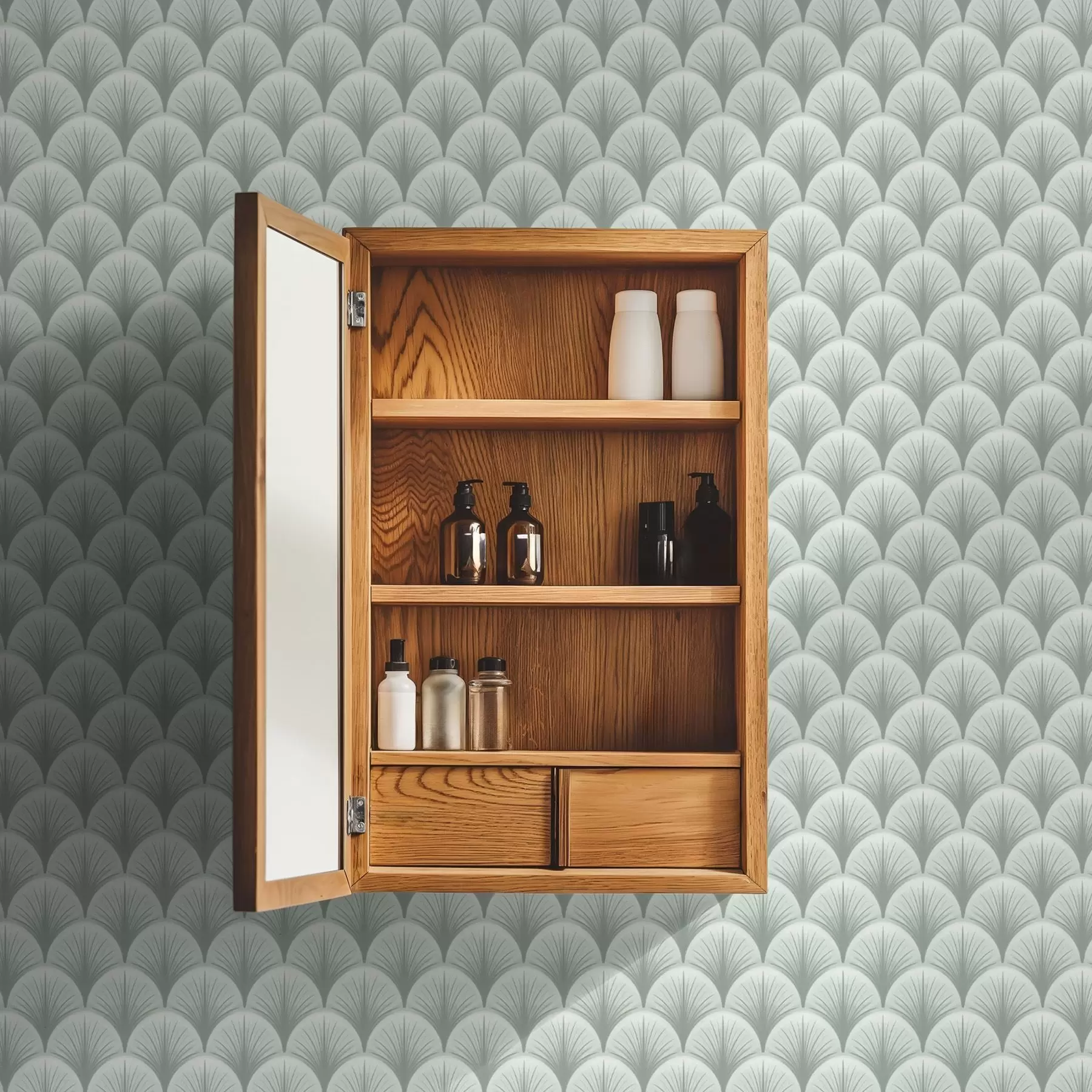 Murale Arcs en éventail mentholés avec rayons sur fond vert tendre a00978v2