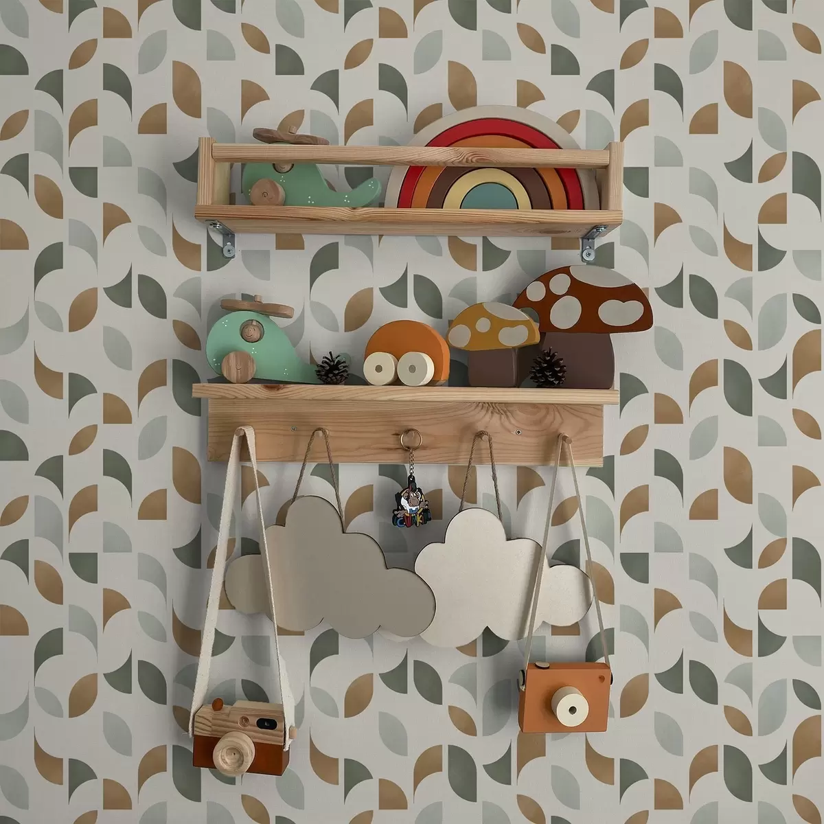 Baggrund Abstrakte halvcirkler og blade i grøn og terrakotta a00985