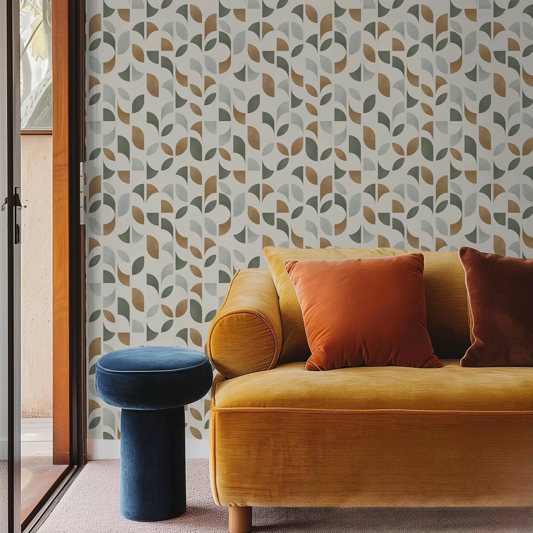 fototapeter Lodrette søjler af halvcirkler og blade, grøn terrakotta a00986