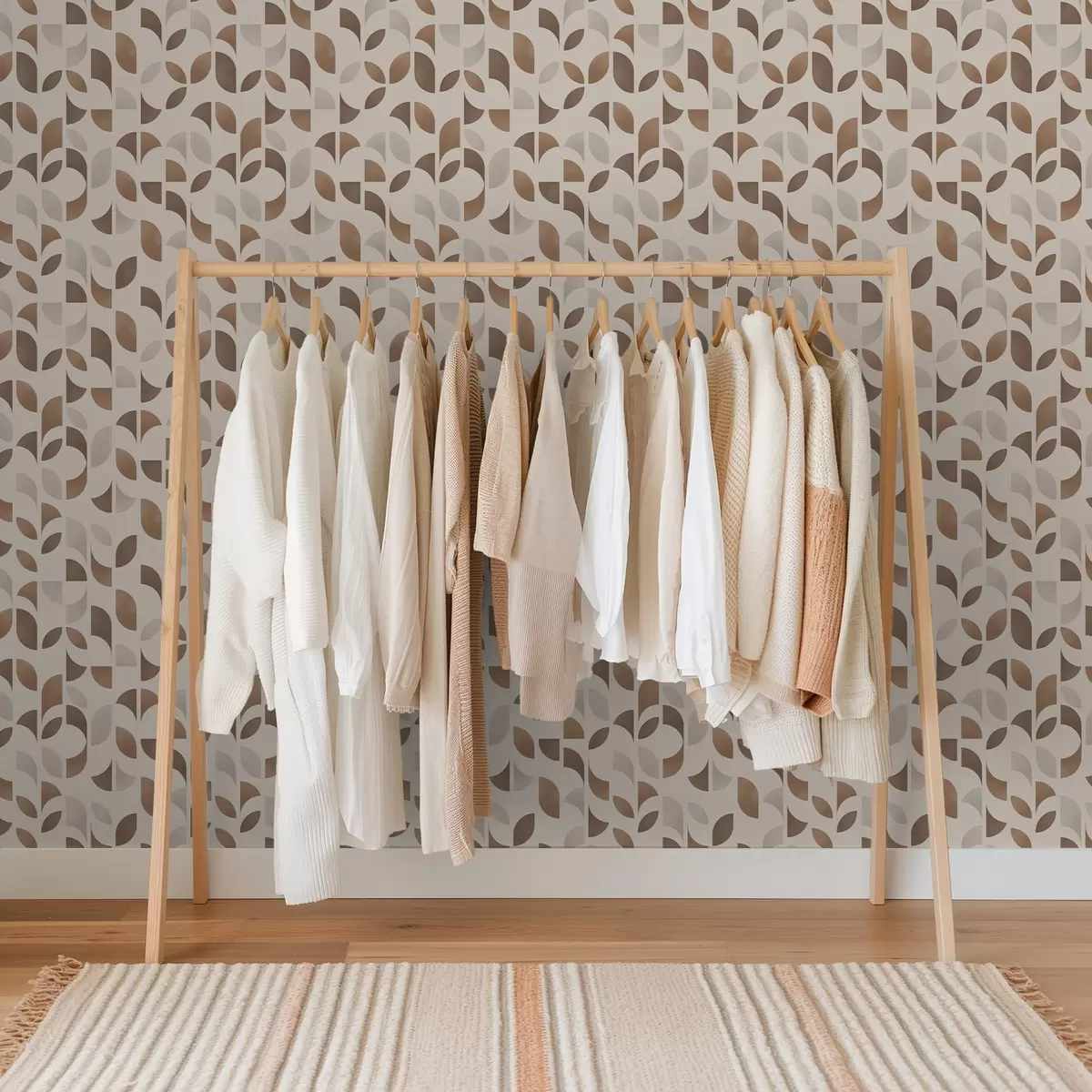 Tapete Rhythmus aus Halbkreisen und Blättern in warmen Karamellbrauntönen a00986v1