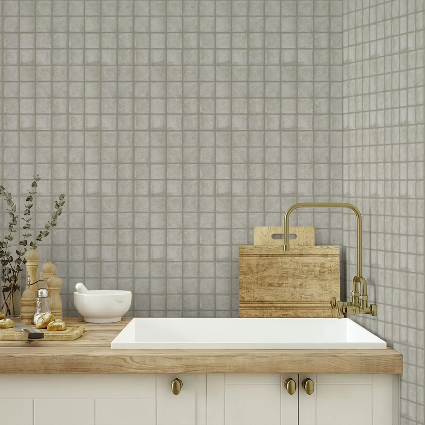 fototapeter Imitation af firkantede fliser i en blød grågrøn palet a00988