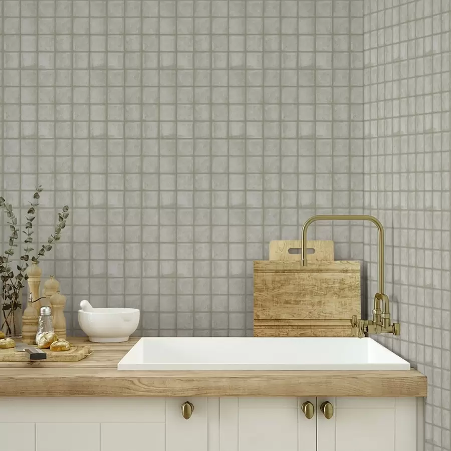 fototapeter Imitation af firkantede fliser i en blød grågrøn palet a00988