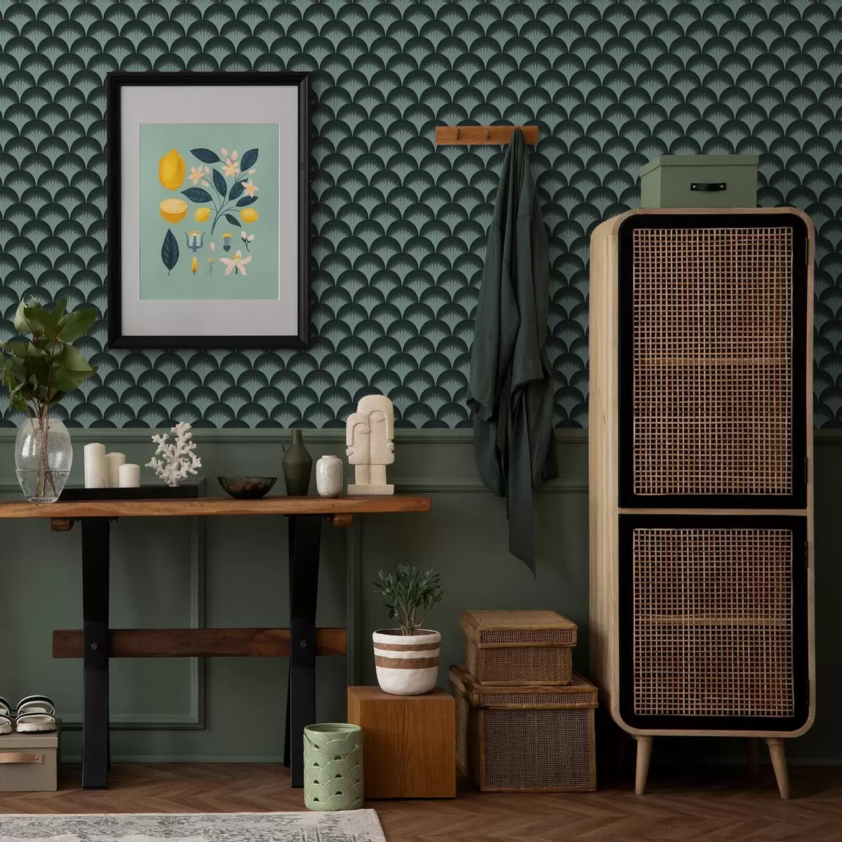 Papier peint Des éventails contrastés couleur menthe sur un fond presque noir a00990