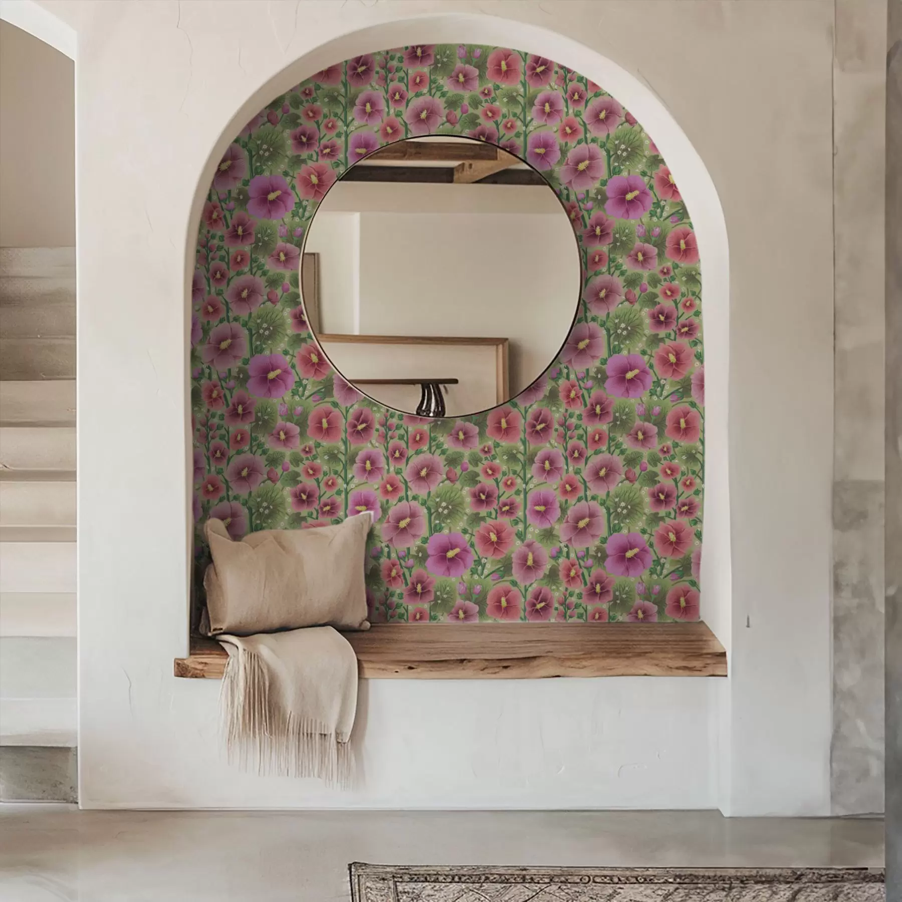 fototapeter Store hibiscusblomster og blade på en mørkegrøn baggrund a00993