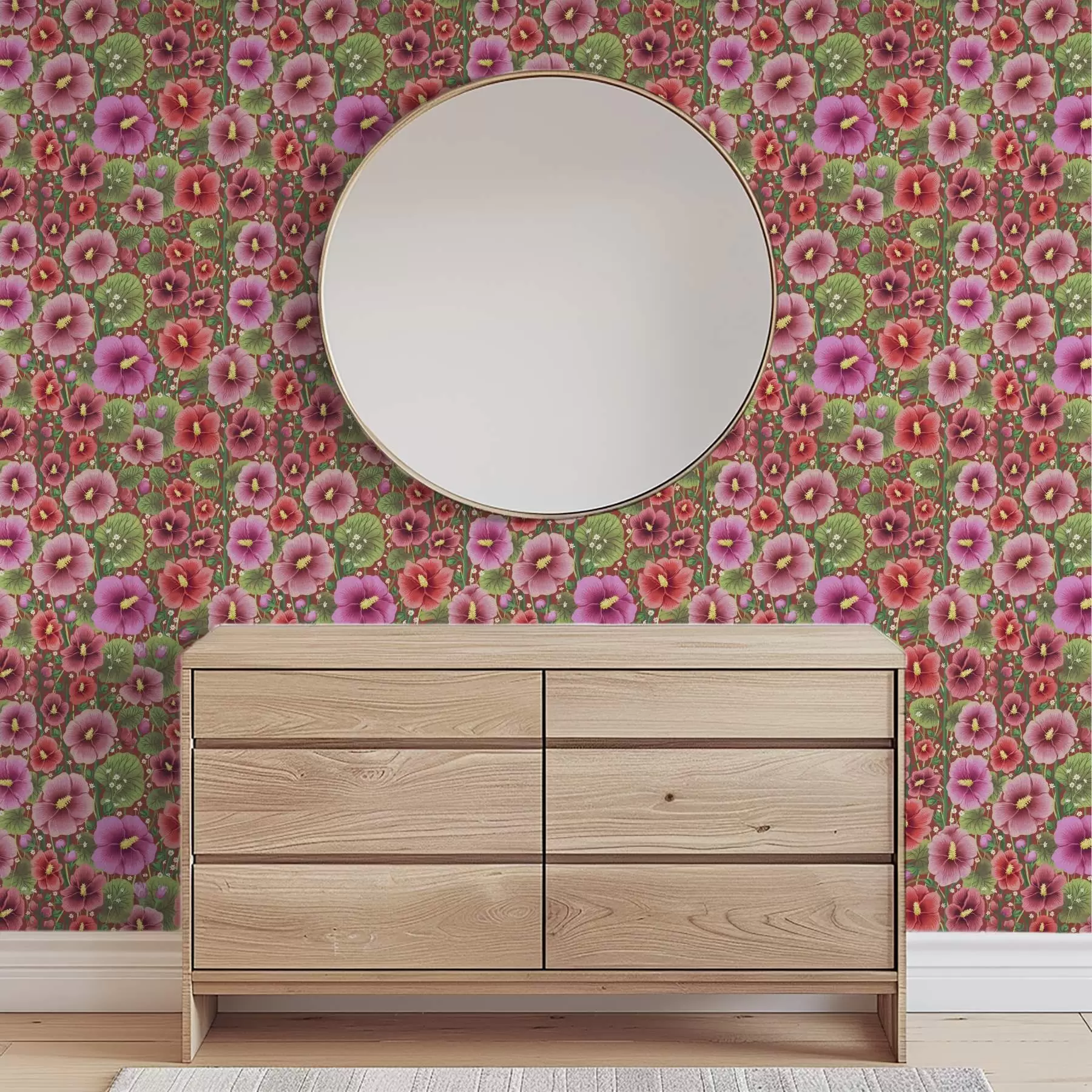 Murale Hibiscus en fleurs sur un fond brun-rouge chaud a00993v1