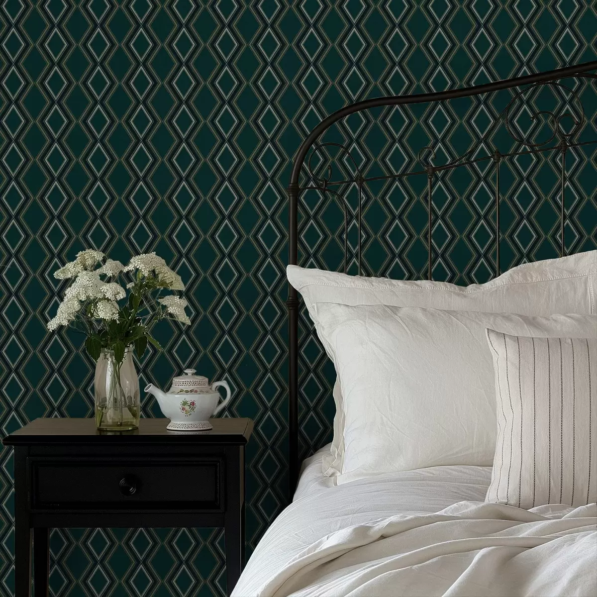 Papier peint Fond vert sarcelle foncé avec des rangées verticales de losanges a00976