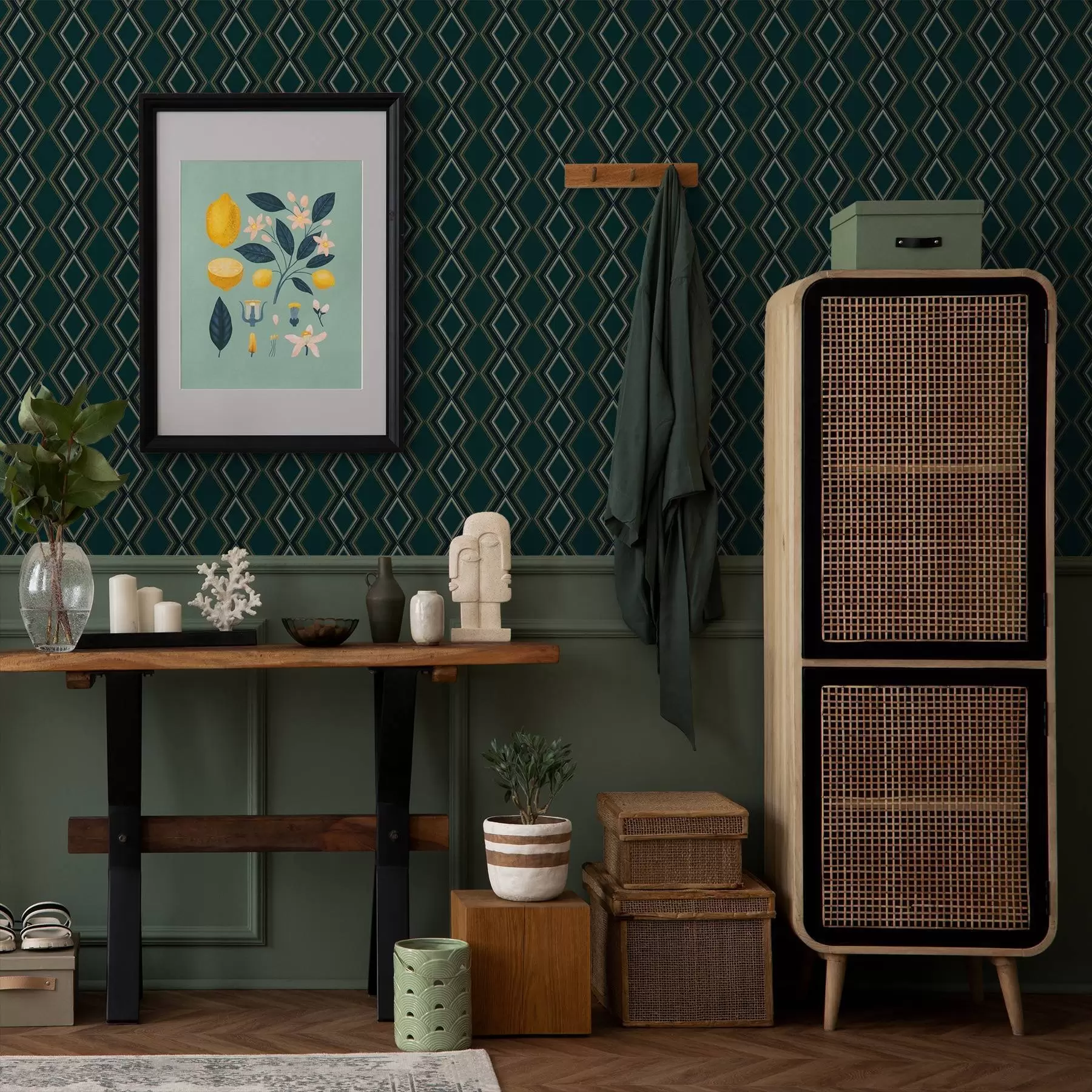 fototapeter Mørk blågrøn baggrund med lodrette rækker af romber a00976