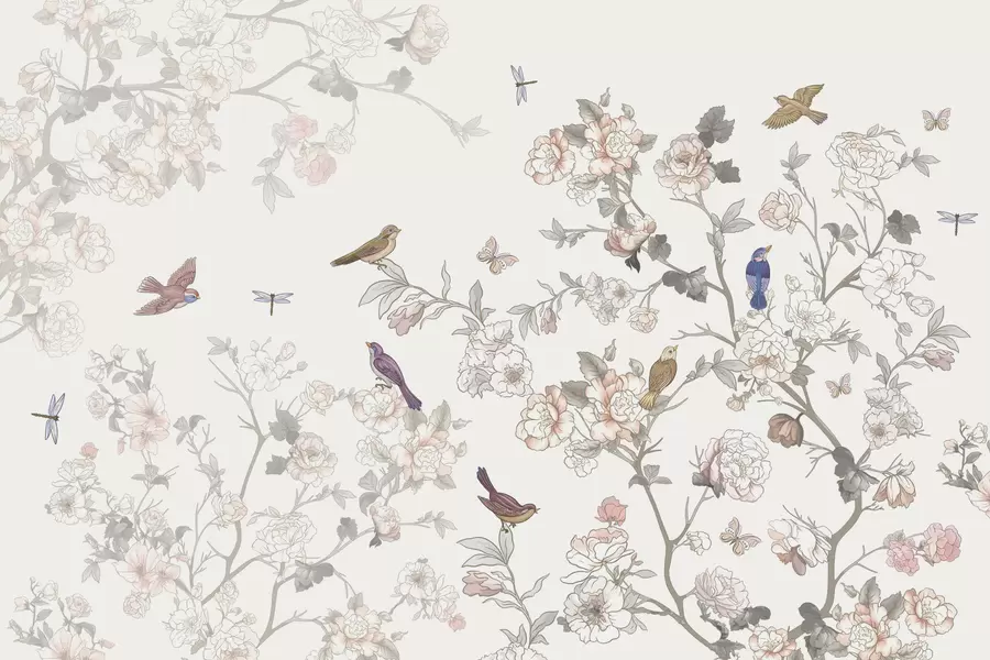 fototapeter Fugle nær grene med blomster w04939