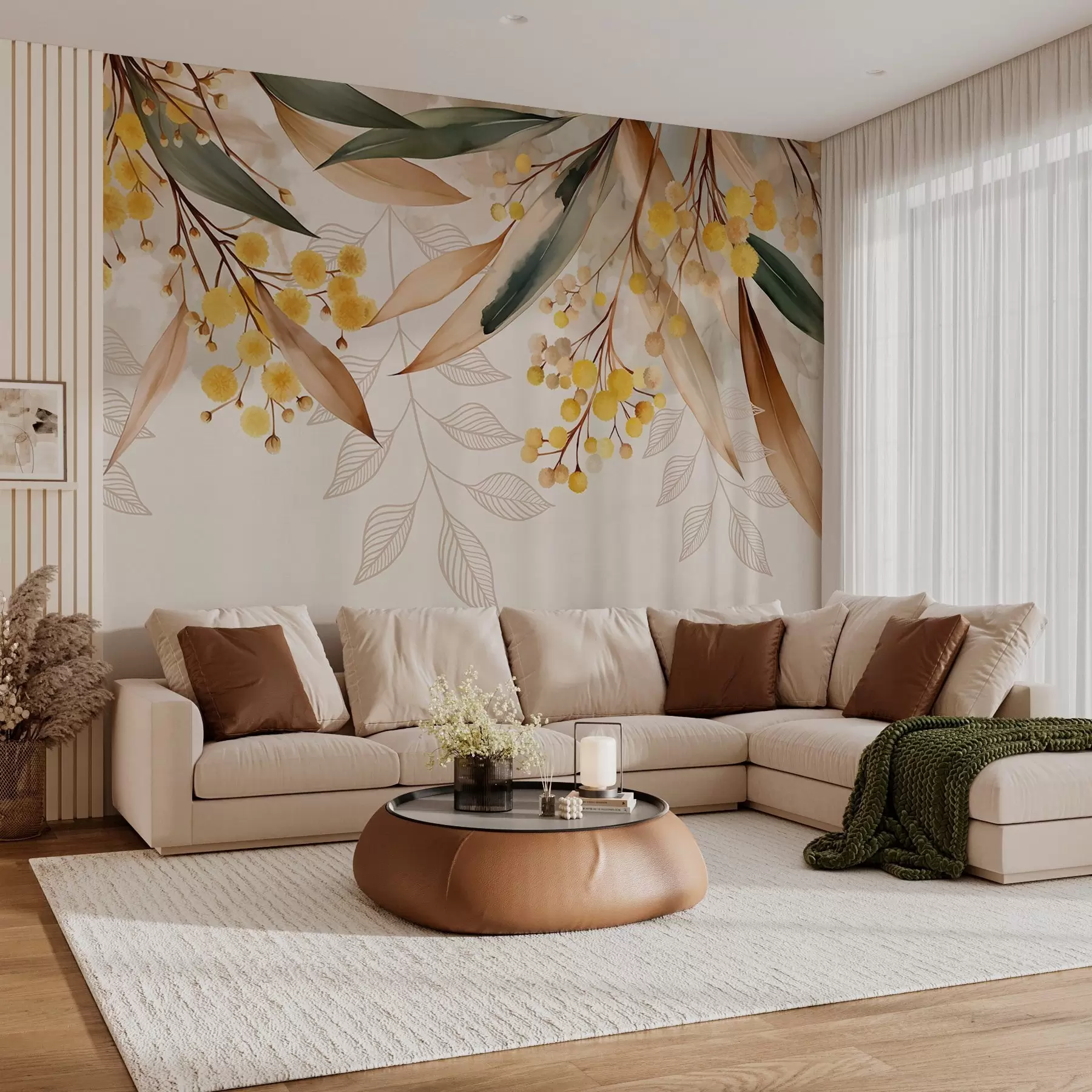 Murale fleurs et feuilles de mimosa tombant du ciel dans un style aquarelle w04880