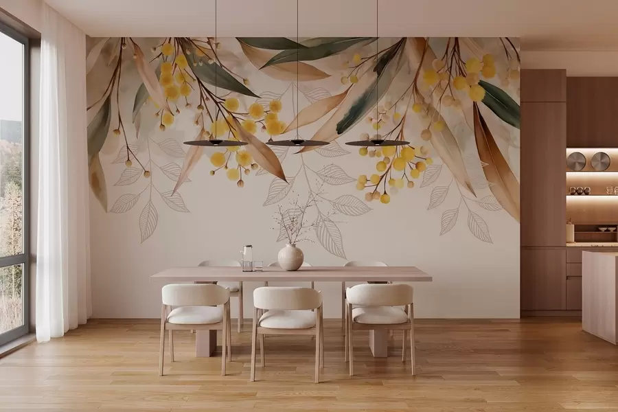 Murale fleurs et feuilles de mimosa tombant du ciel dans un style aquarelle w04880