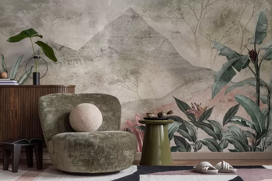 Murale Feuilles de bananier pastel et fleurs tropicales sur fond de montagnes w04933