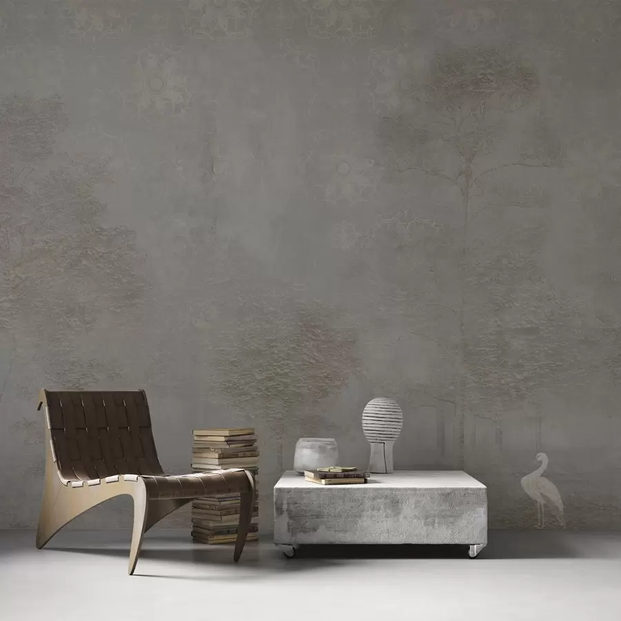 Fototapete Nebelverhangener Wald mit einem Reiher und einem ornamentalen Muster darüber w04953v1