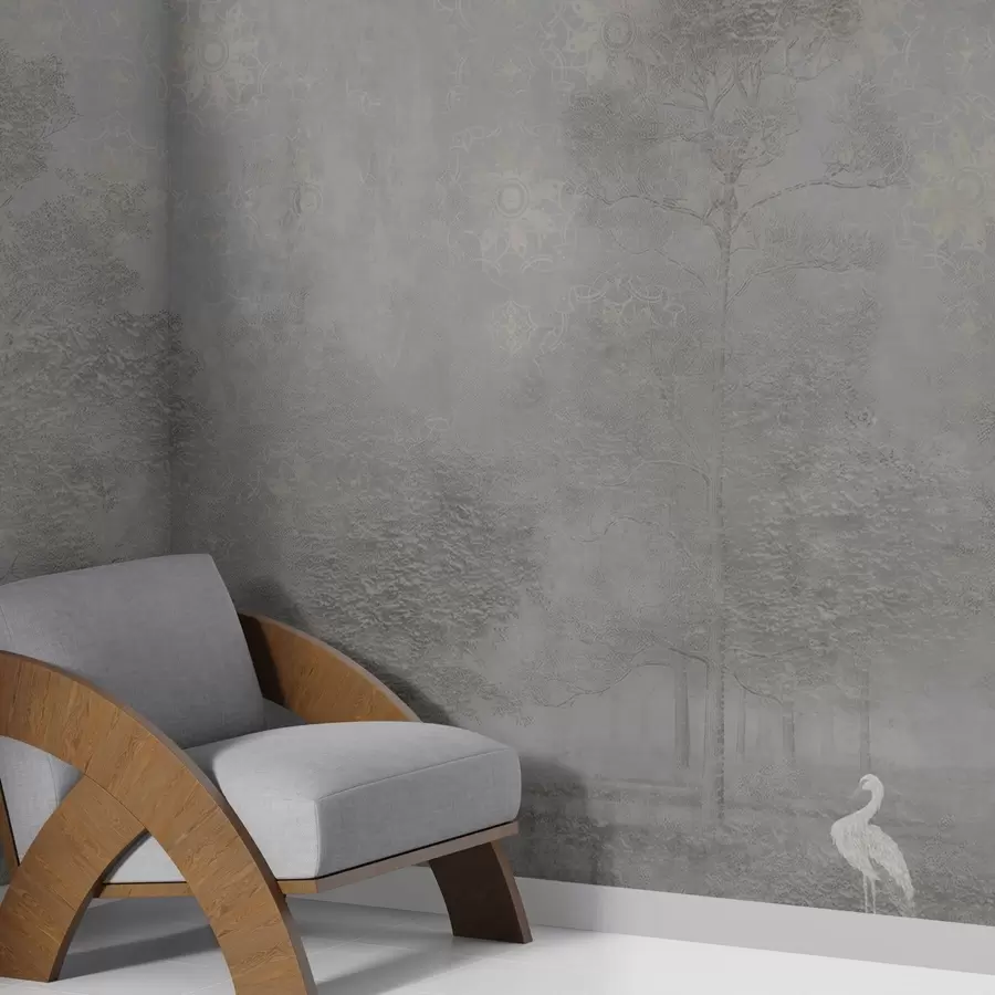 Fototapete Leichter Nebelwald mit einem Reiher in kühlen Grautönen w04953v2