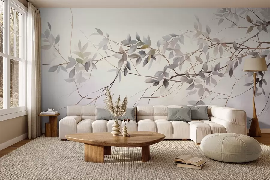 Fototapete Zarte, strukturierte Zweige mit gedeckten grauen, violetten und grünen Blättern vor einem weichen, verschwommenen Hintergrund w09336