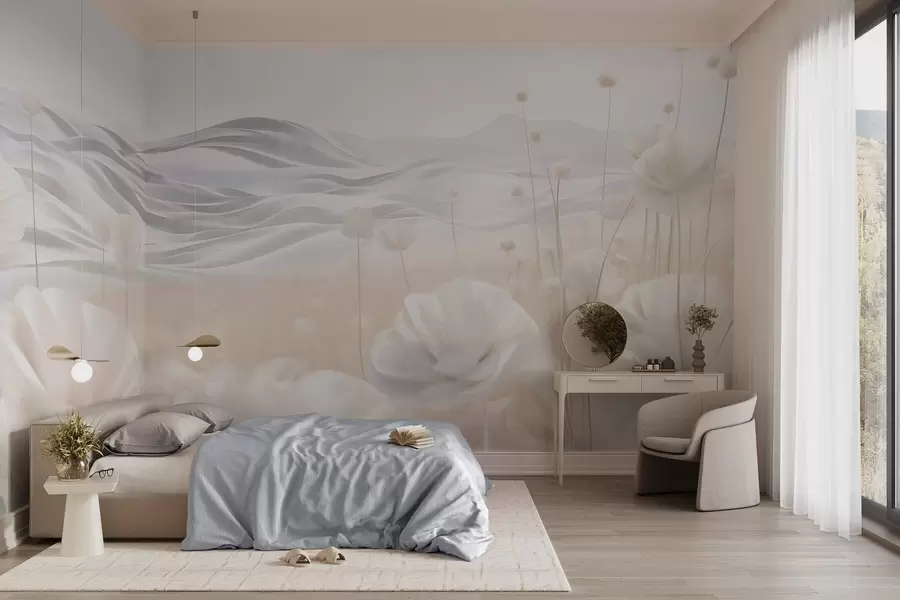 fototapeter Tekstureret mark med cremede valmuer og bølgende bakker under en lys blå himmel med bløde skyer, pastelfarver w09553