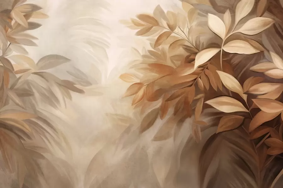 Murale Feuilles brunes et beiges avec un feuillage doux et flou, dans un style pictural avec des coups de pinceau visibles w09584