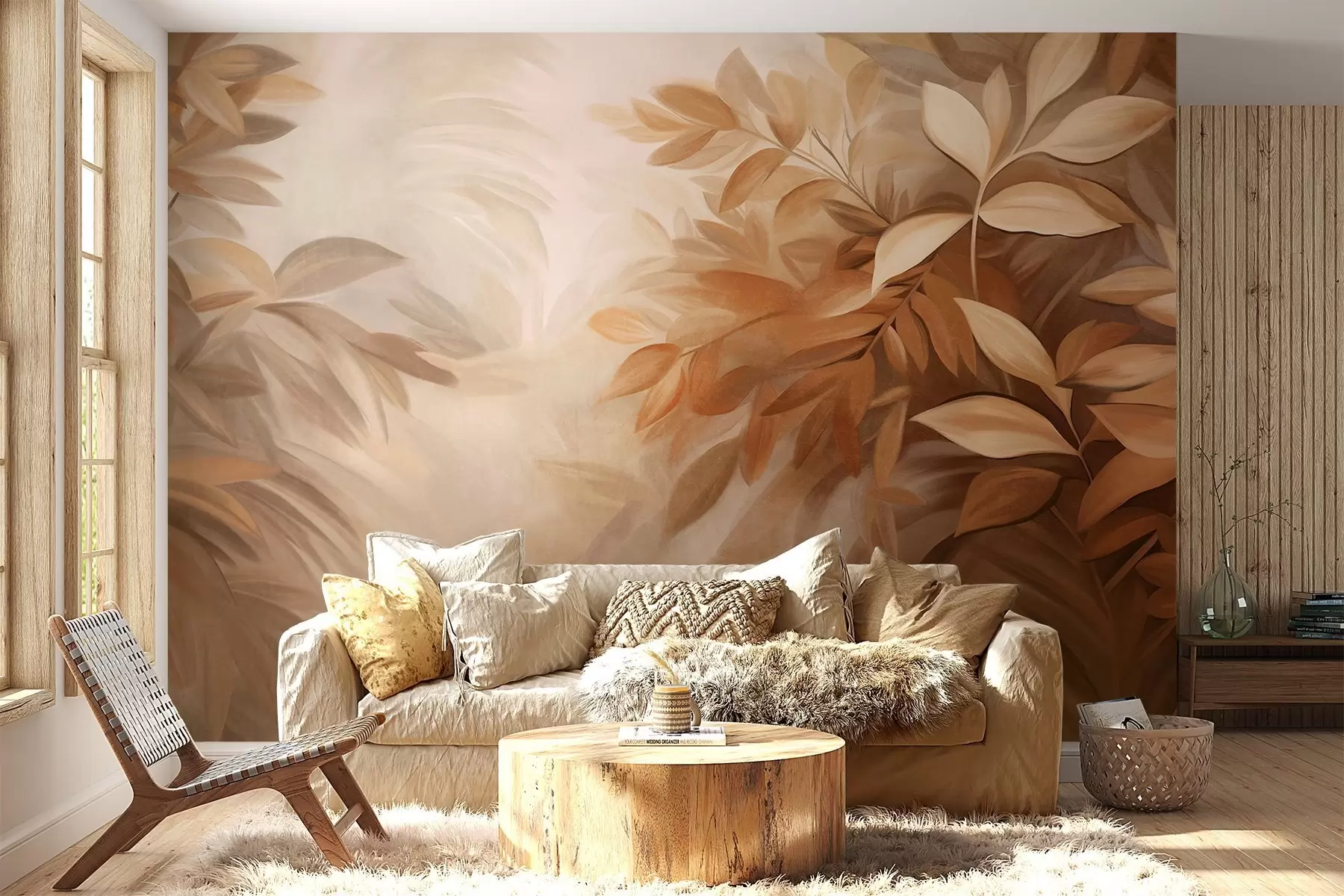 Fototapete Braune und beige Blätter mit weicher, verschwommener Textur, in einem malerischen Stil mit sichtbaren Pinselstrichen w09584